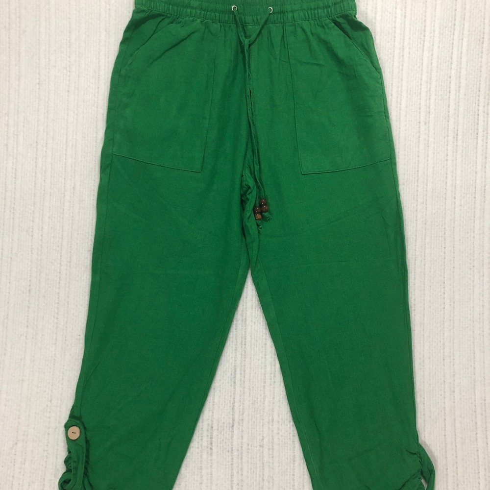 Jules & Leopold Green Linen Blend Ruched Hem Crop Pants S LB26324ACHU